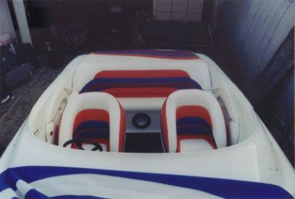 Boat seating upholstered in red, white and blue